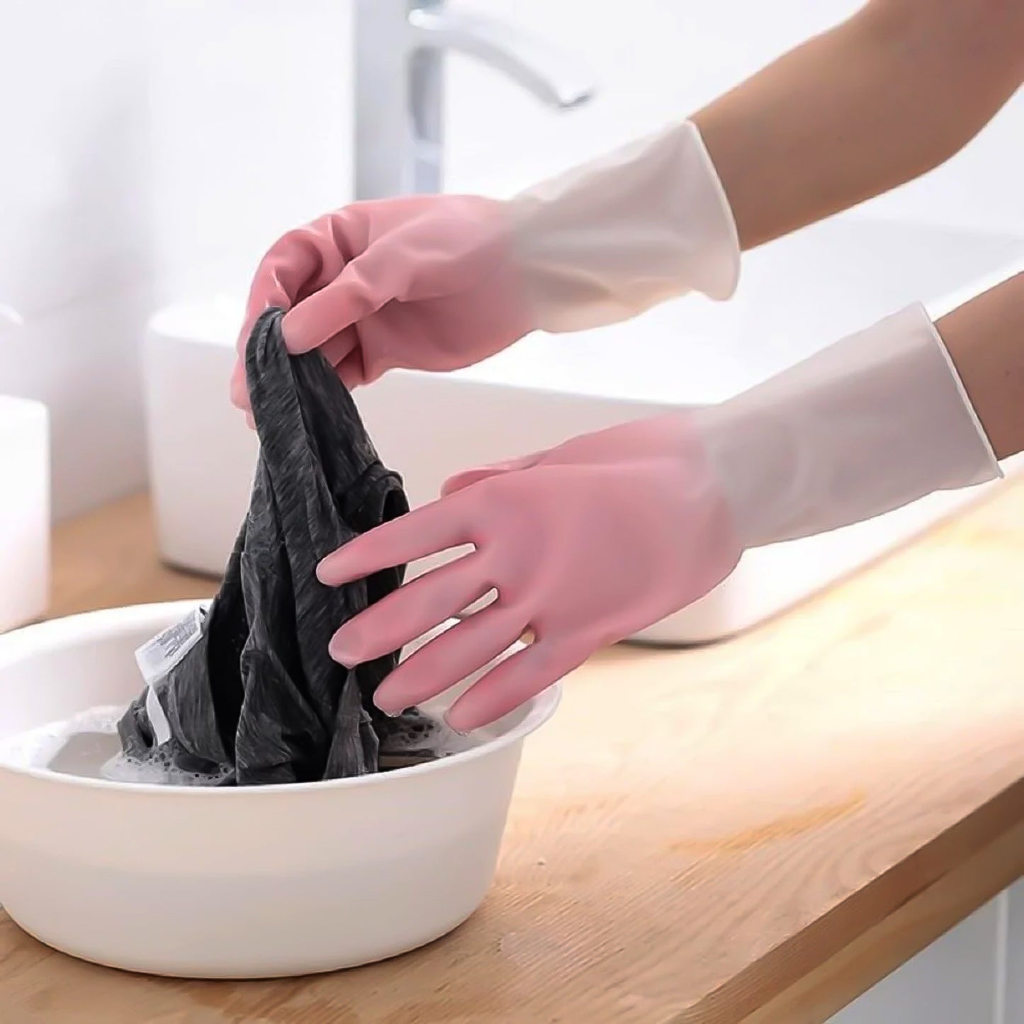 Pair of small size reusable household cleaning gloves by Wukusy, durable rubber gloves for home cleaning tasks.