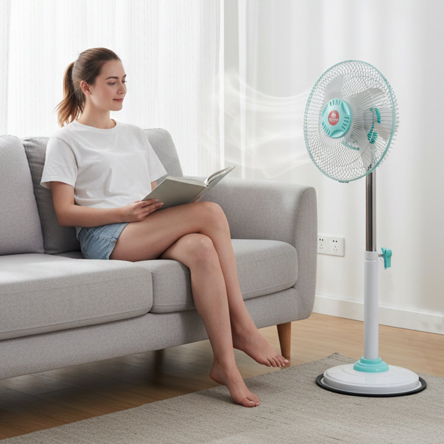 Wukusy 12V DC hybrid pedestal table fan with plug and play IEC C13 power cable, showing the fan's blades and control panel