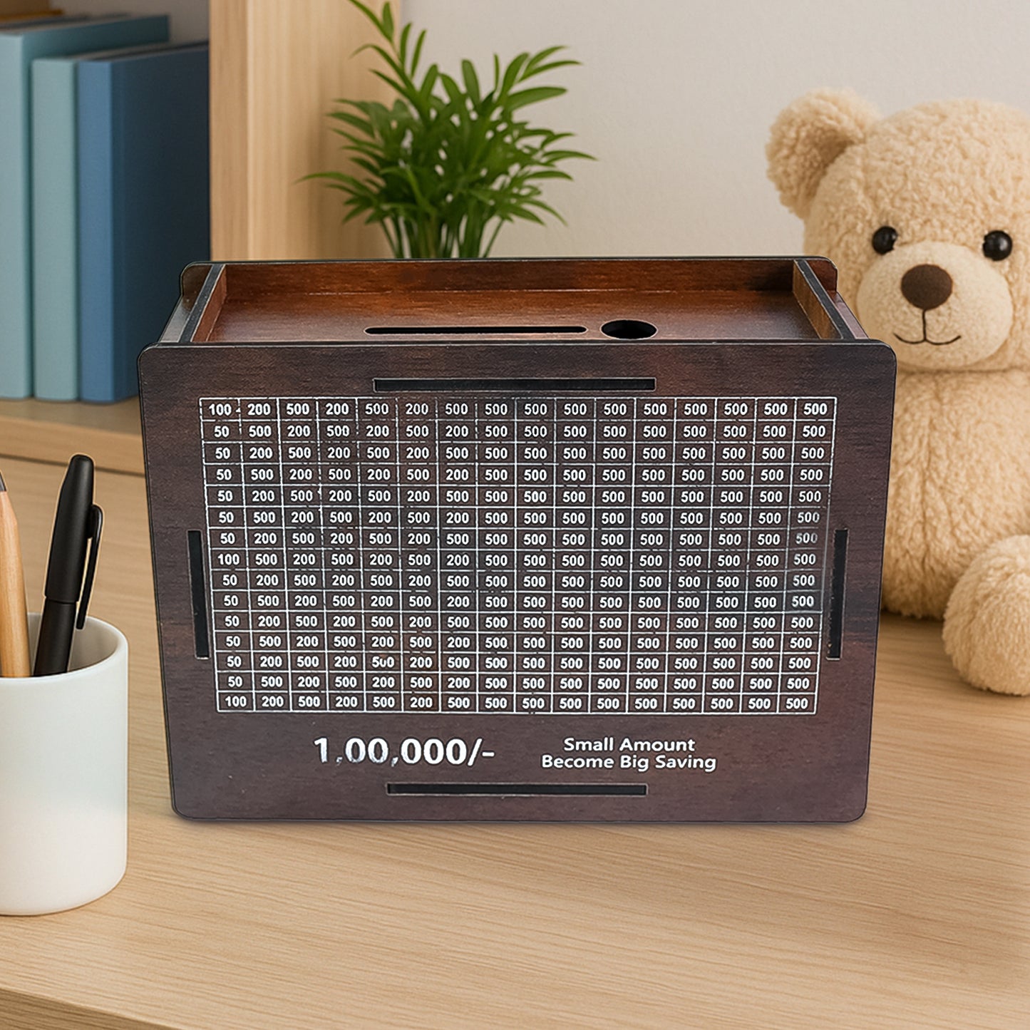 Wukusy wooden piggy bank money box for saving coins, featuring a classic pig design, with a slot for coins and a removable stopper.