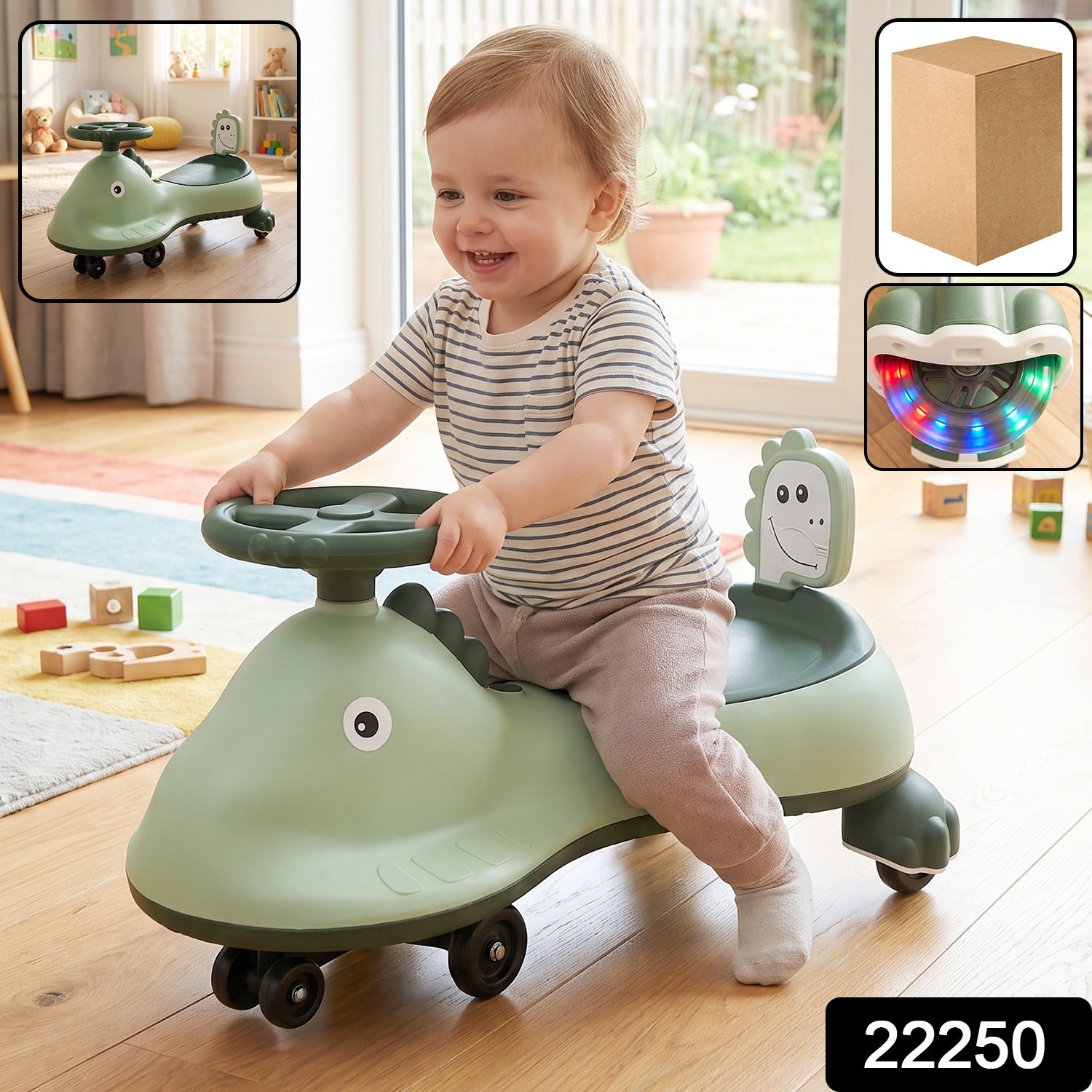 Kids dinosaur swing car ride-on toy with music and steering wheel, colorful plastic design for outdoor play