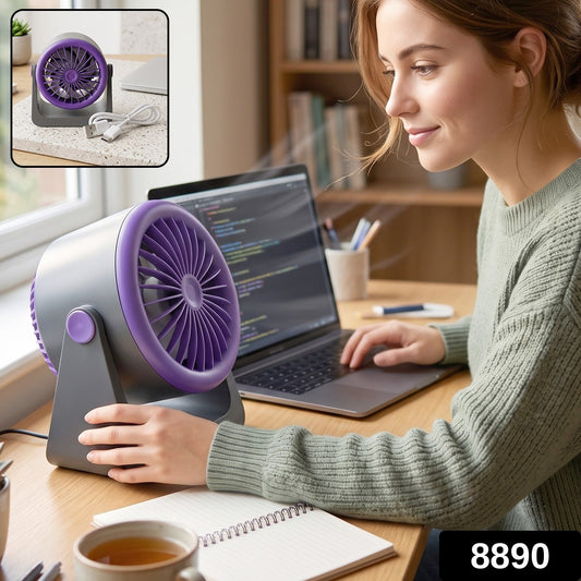Wukusy personal desktop air circulation fan, portable USB desk fan on a workspace, compact and lightweight for personal cooling.