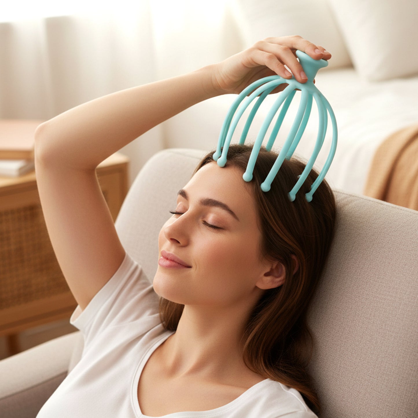 Wukusy manual scalp massager for stress relief, showing handheld device with flexible silicone massage heads in a natural setting