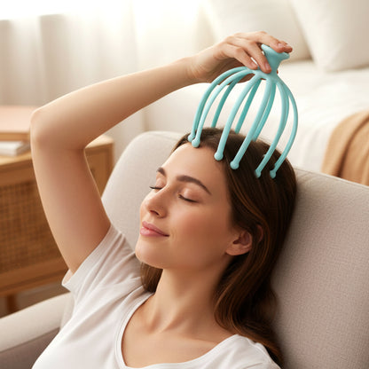 Wukusy manual scalp massager for stress relief, showing handheld device with flexible silicone massage heads in a natural setting