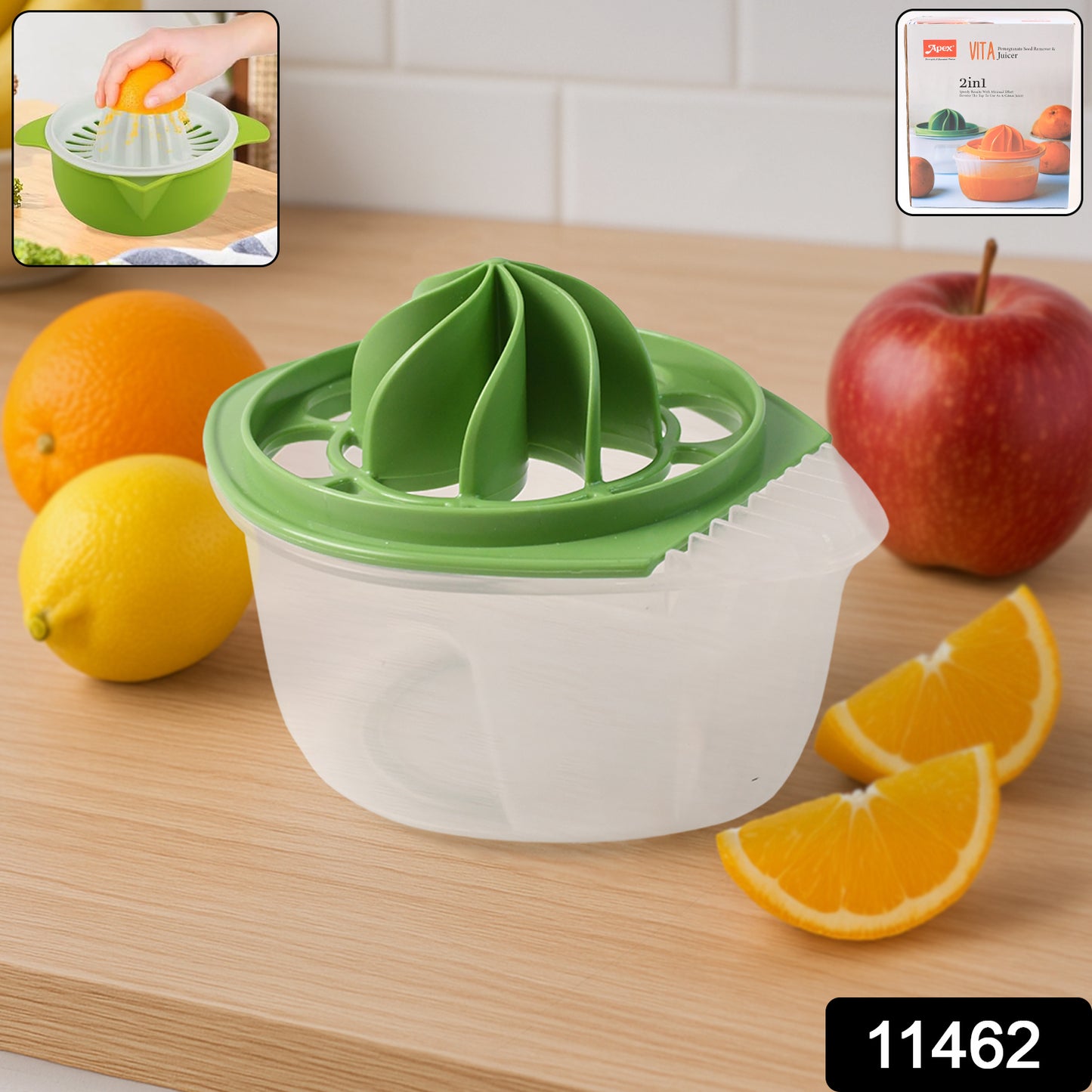 Wukusy Apex Vita Pomegranate Seed Remover Citrus Juicer 2-in-1 for home kitchen use, showing the red juicer with pomegranate and citrus fruits.