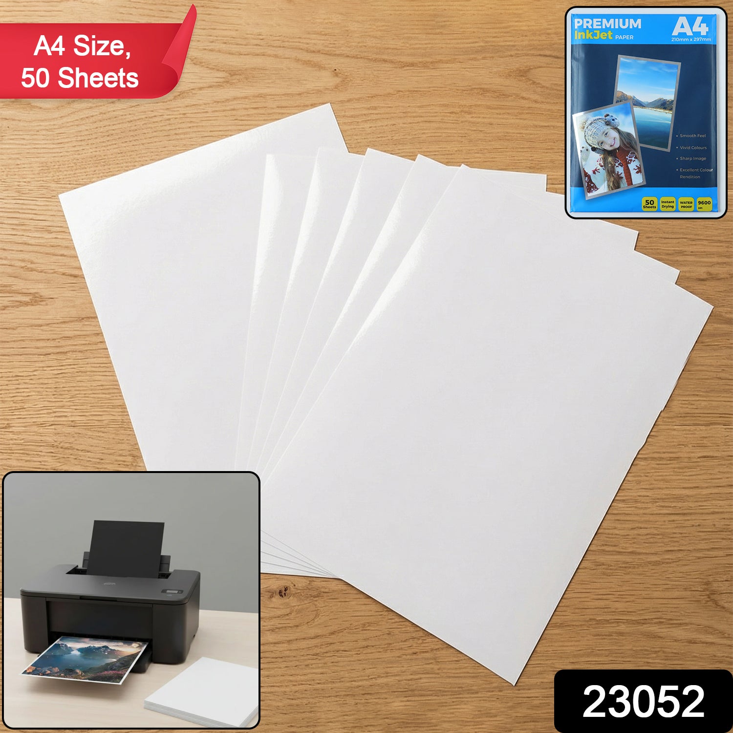 Stack of 50 Wukusy premium A4 inkjet printing paper sheets, showing white paper with smooth surface for high-quality printing.