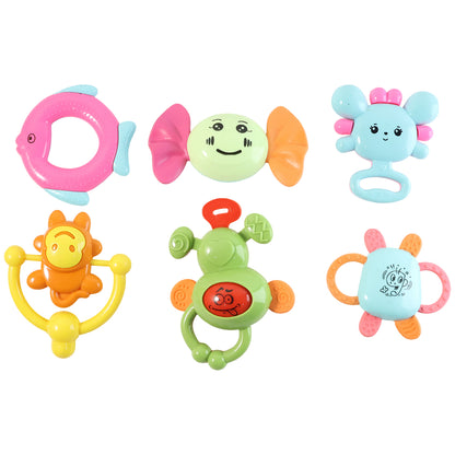 Wukusy Tiny Joys 6-in-1 baby rattle toy set with colorful rattles and soft handles for infants.