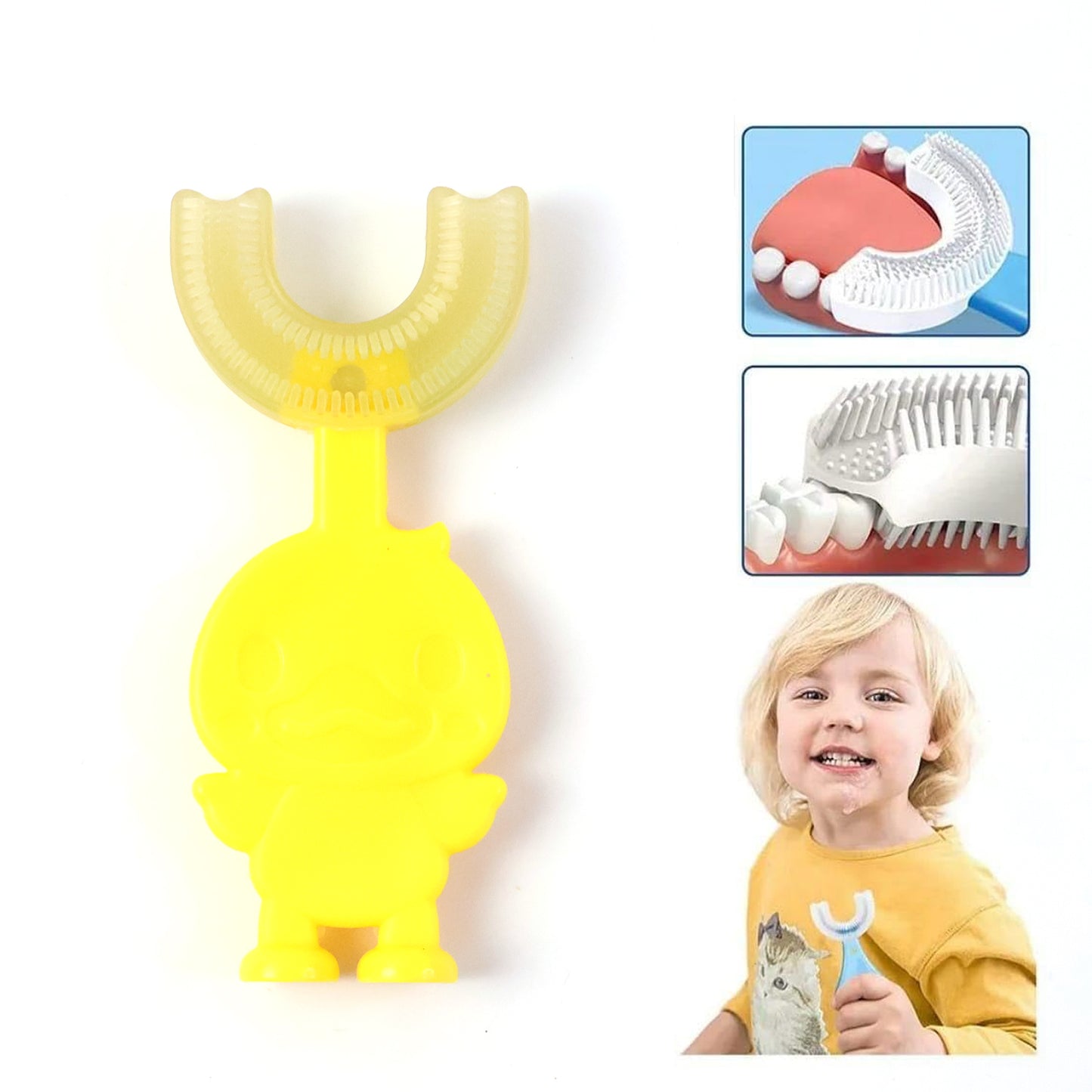 Cute cartoon duck U-shape baby toothbrush in mixed colors, designed for gentle infant oral care by Wukusy.