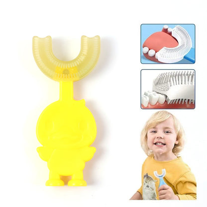 Cute cartoon duck U-shape baby toothbrush in mixed colors, designed for gentle infant oral care by Wukusy.