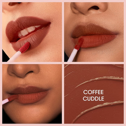 Wukusy OG Beauty Coffee Cuddle Moisture Lock Liquid Lipstick in 4.5ml, featuring a sleek applicator and rich coffee shade.
