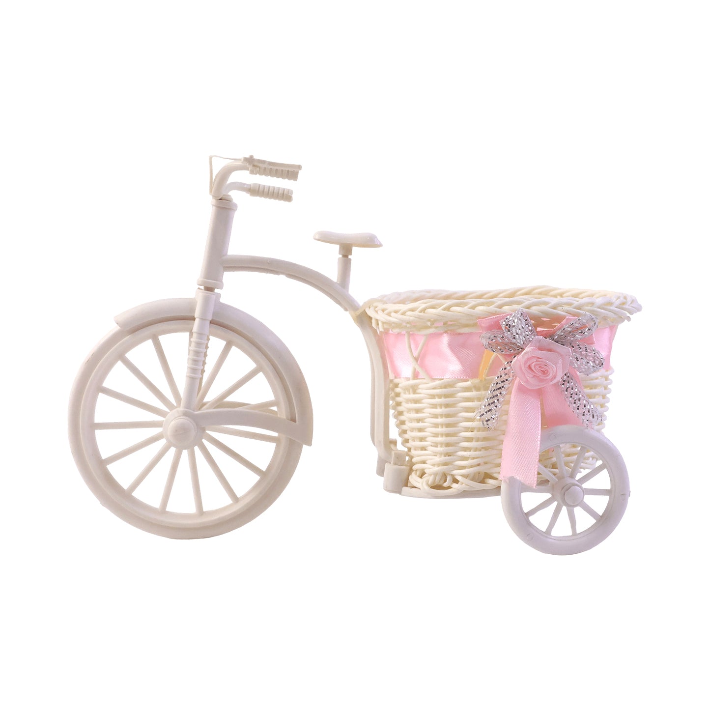 Decorative bicycle flower pot with basket by Wukusy, shown with blooming flowers, perfect for garden or patio decor.