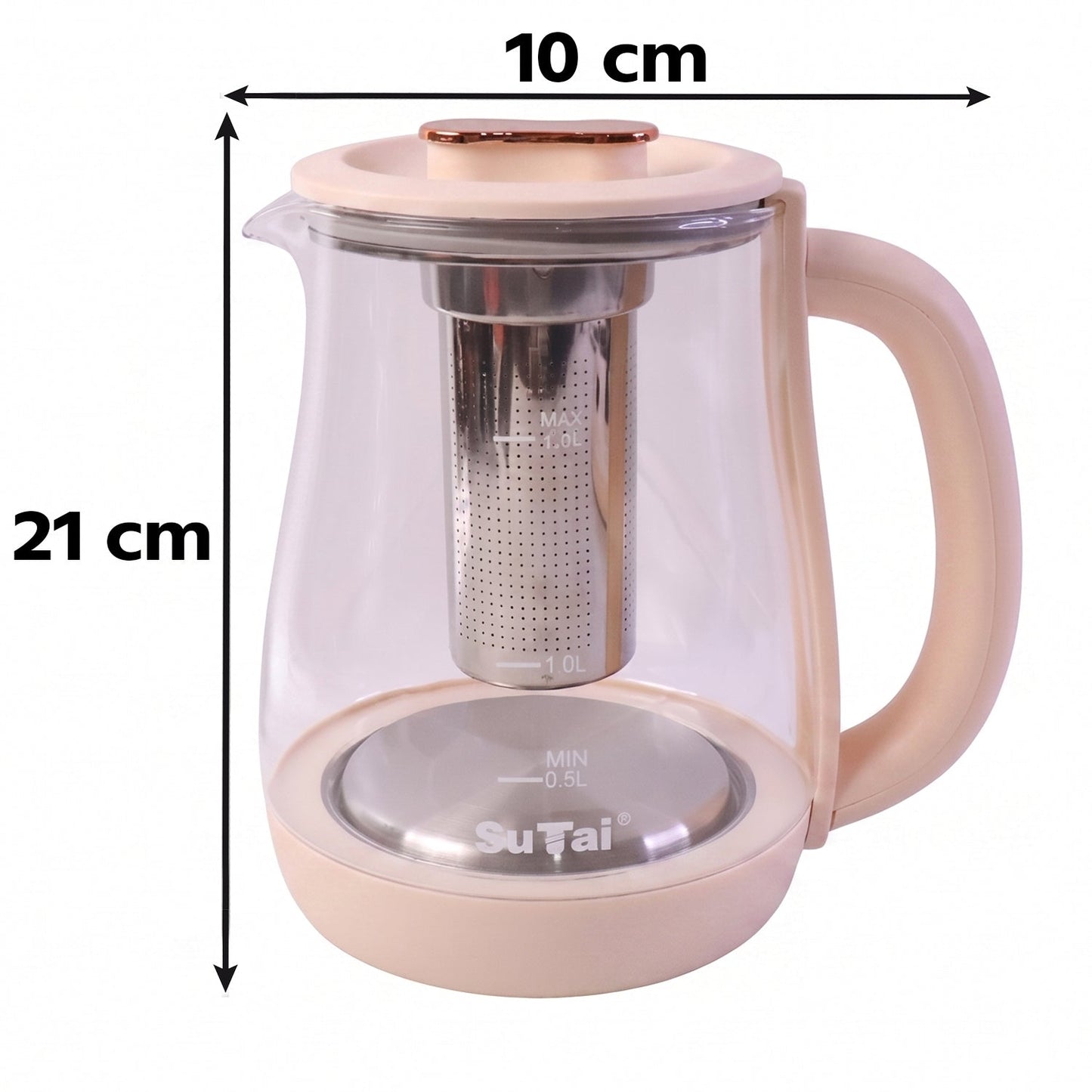 Wukusy Suta Electric Glass Kettle with 2.3L capacity, infuser, and temperature control, showing the transparent glass body and handle.