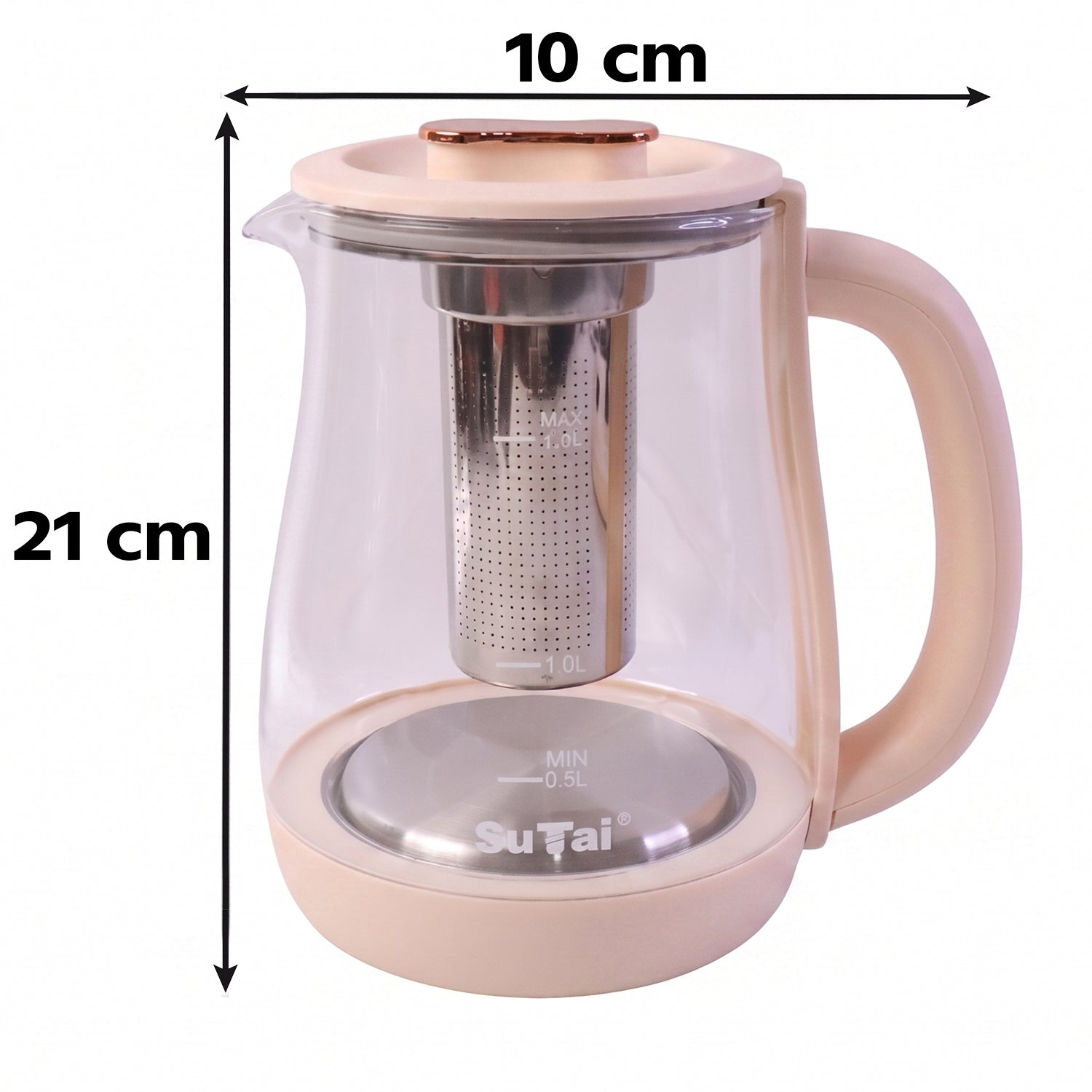 Wukusy Suta Electric Glass Kettle with 2.3L capacity, infuser, and temperature control, showing the transparent glass body and handle.