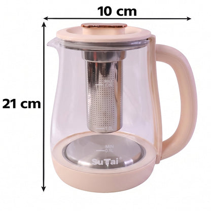 Wukusy Suta Electric Glass Kettle with 2.3L capacity, infuser, and temperature control, showing the transparent glass body and handle.