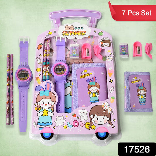 Wukusy 7-in-1 stationery set for kids includes pencils, eraser, sharpener, pouch, and pencil extender, ideal for school gifts.