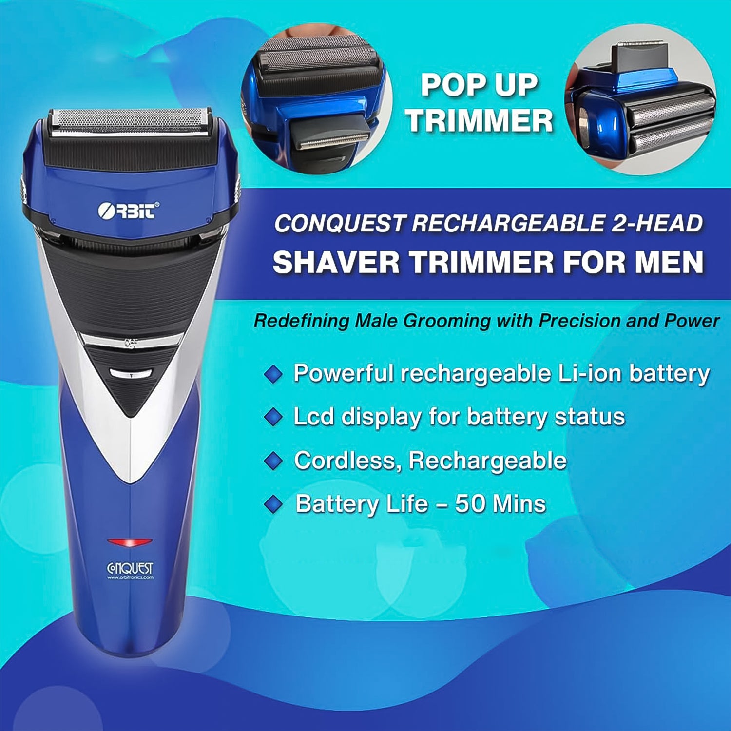 Wukusy Orbit rechargeable electric foil shaver with two heads and pop-up trimmer for face and body grooming.
