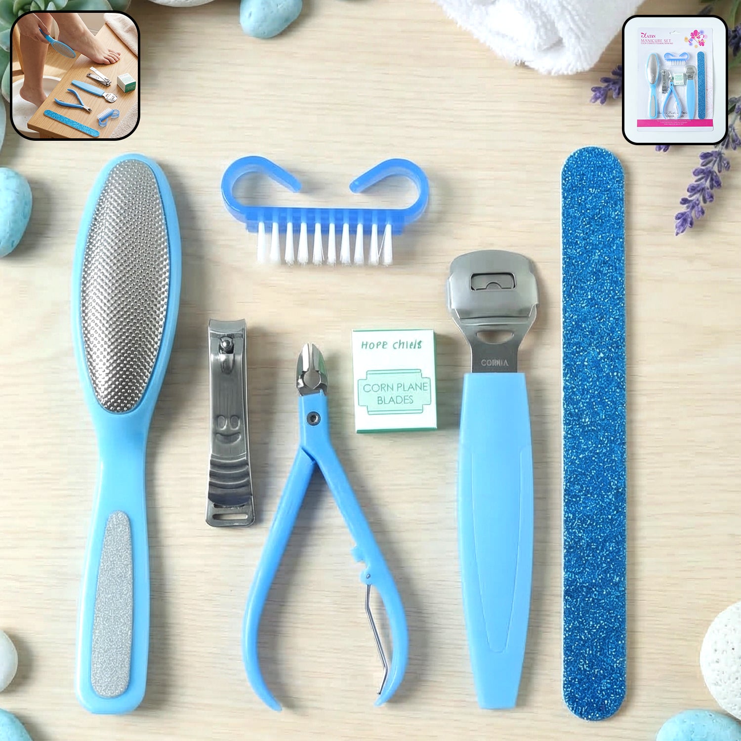 Wukusy 7-in-1 pedicure and manicure foot care tool kit with various tools for nail and foot grooming.