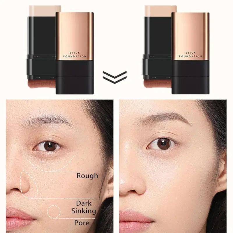 Ekom 2-in-1 luxury anti-wrinkle foundation stick with double head design and brush, natural finish, long-lasting makeup.