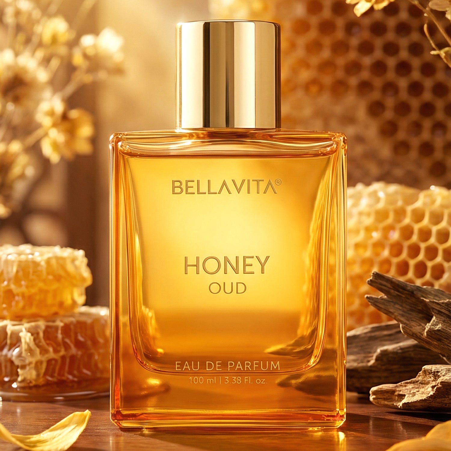 Bellavita Premium Honey Oud perfume by Wukusy, 100ml bottle with a luxurious design and elegant packaging.