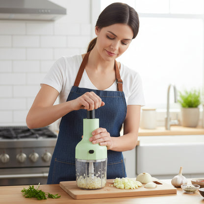 Wukusy manual push vegetable chopper with 1100ml capacity, featuring a compact design and stainless steel blades for easy chopping.