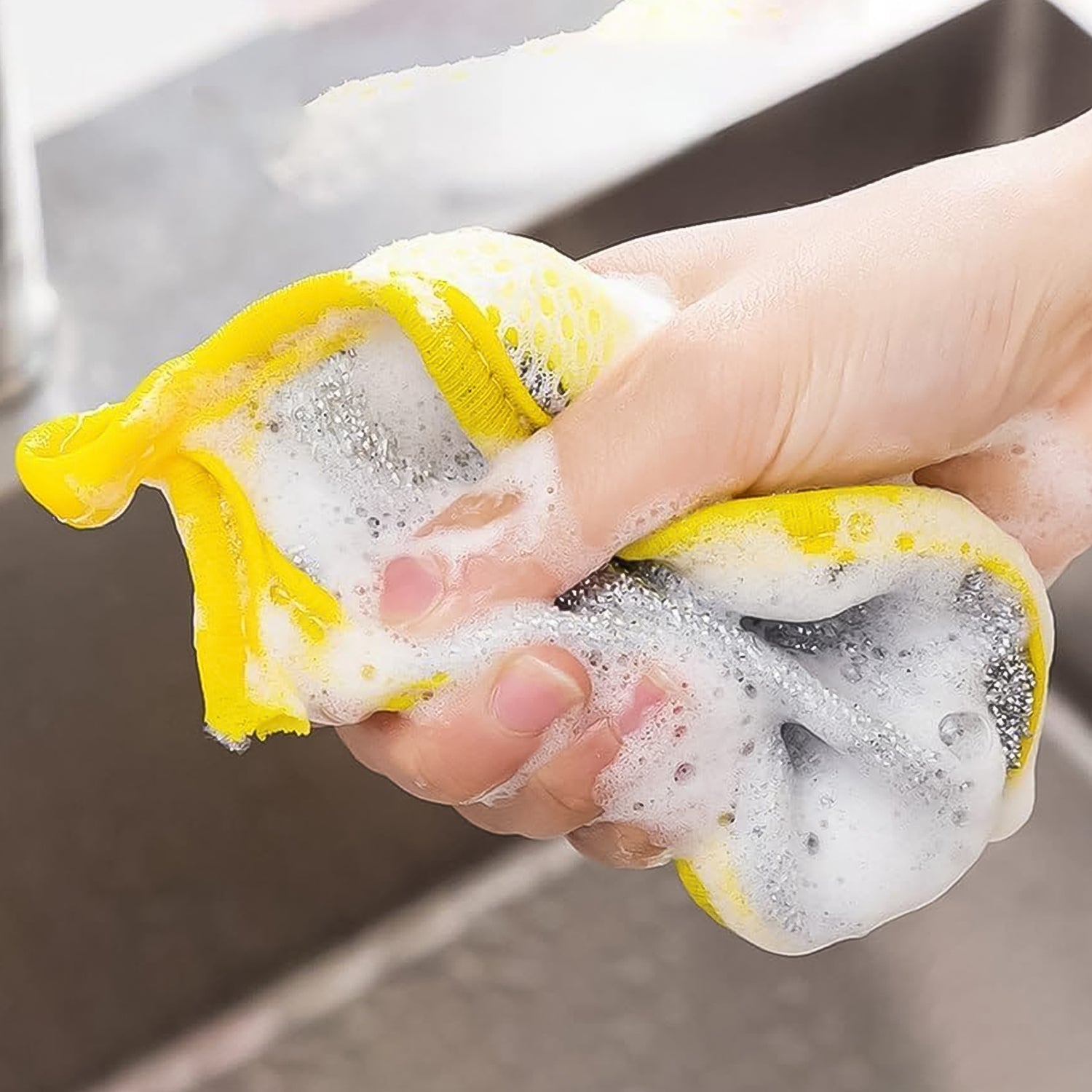 Wukusy double-sided dishwashing sponge and brush for cleaning dishes, kitchenware, and pots in a home kitchen setting