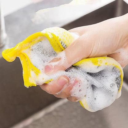 Wukusy double-sided dishwashing sponge and brush for cleaning dishes, kitchenware, and pots in a home kitchen setting