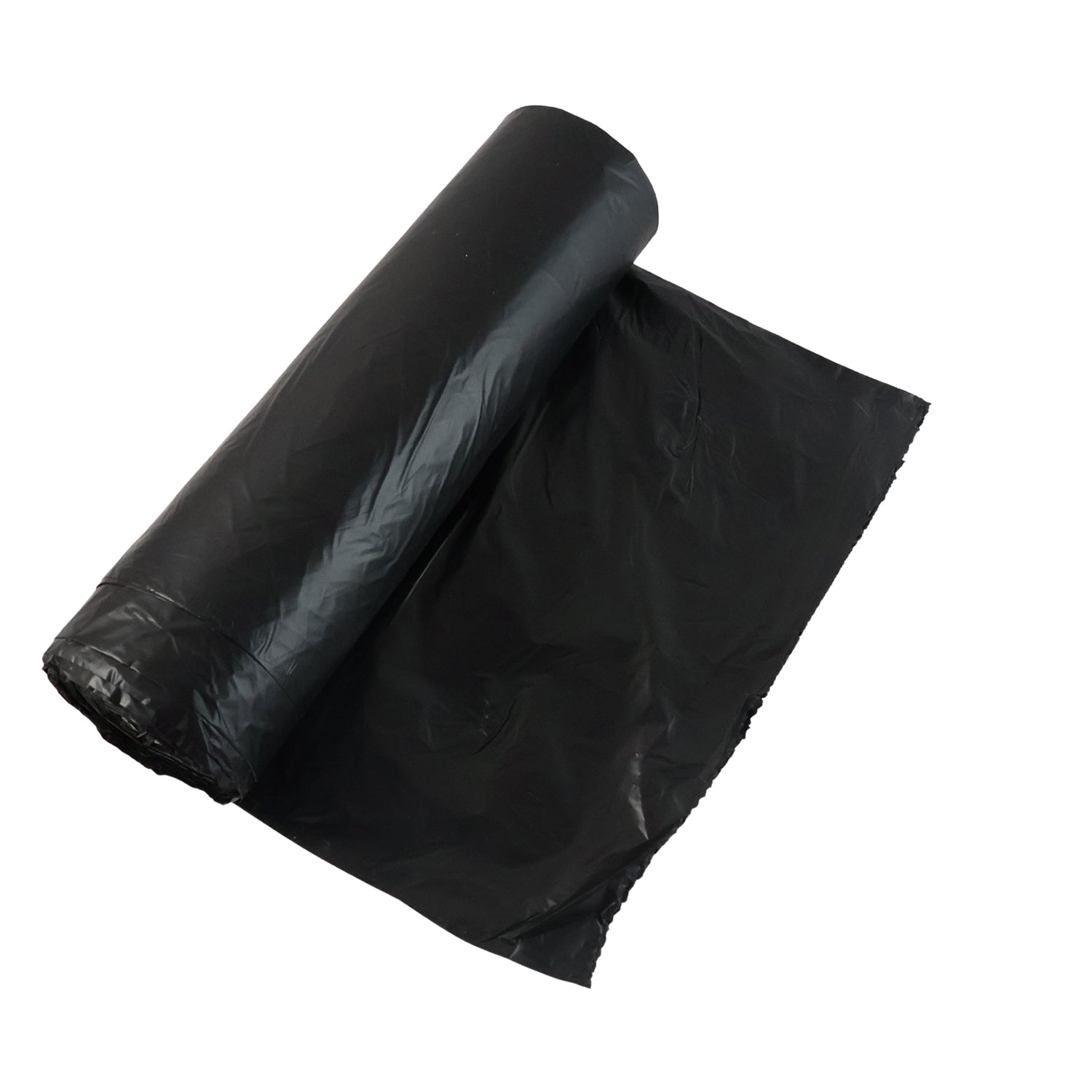 Black heavy-duty garbage bag roll by Wukusy, ideal for home and commercial waste disposal, shown rolled out on a surface