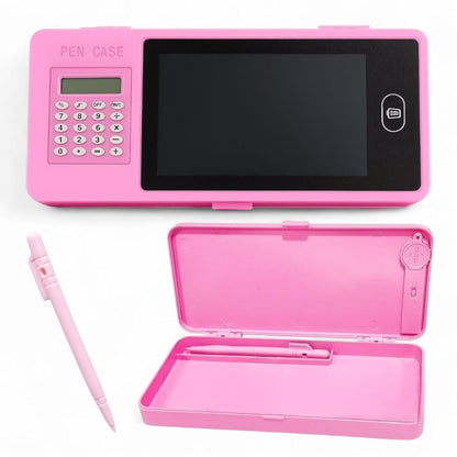 Wukusy LCD writing tablet with pencil case and calculator, showing the portable device with screen and storage compartment.