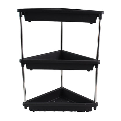 Wukusy 3-layer plastic corner storage rack for home and kitchen use, featuring multiple compartments for organization.