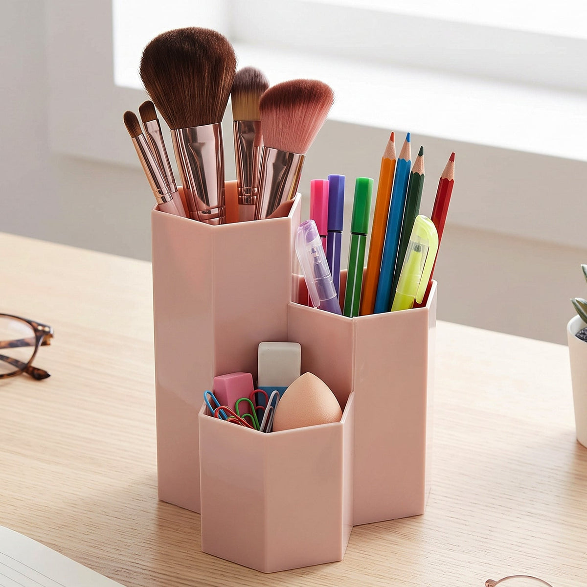 Wukusy plastic desktop organizer box with multiple compartments for pens, stationery, and office supplies.