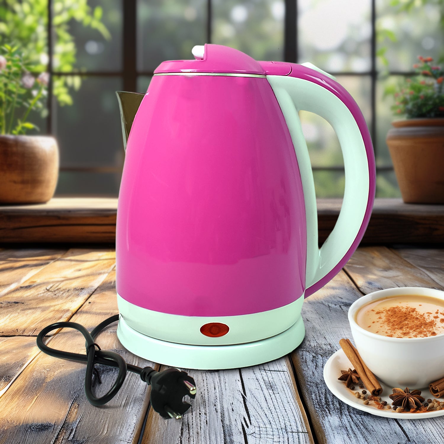 Wukusy stainless steel electric kettle with 1500W power and 2-liter capacity, featuring a sleek modern design and a handle for pouring.
