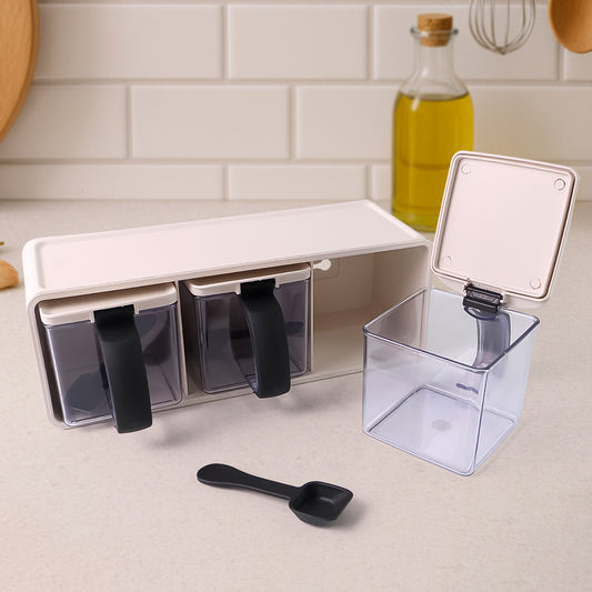 Wukusy Grinss modular spice storage box set with three clear plastic containers and black lids for organized kitchen spice storage.