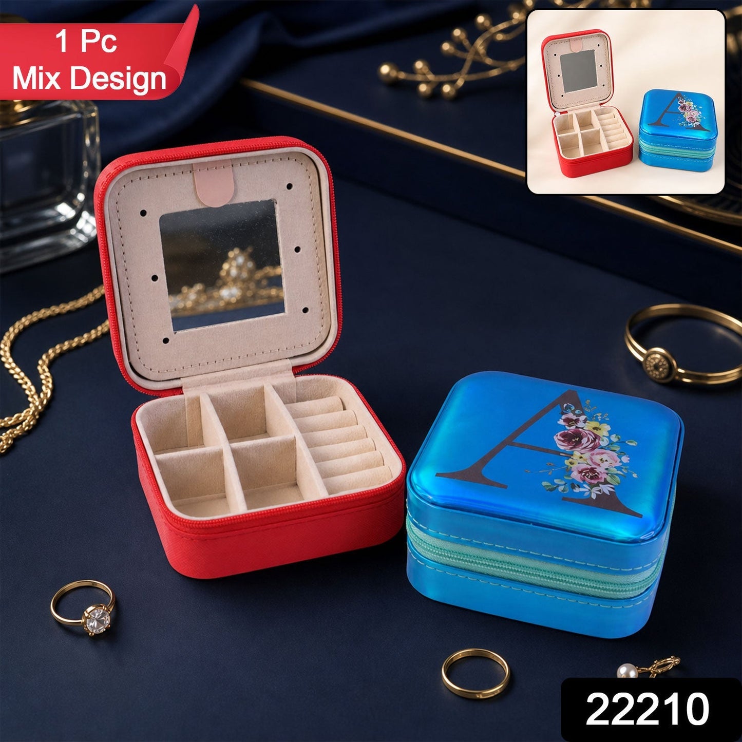 Wukusy mini jewelry organizer box with mirror, featuring compartments for rings and earrings, placed on a white surface.