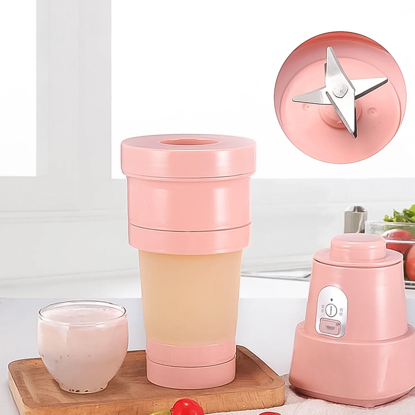 Portable Wukusy foldable electric juicer blender with stainless steel 6 blades, 500ml capacity, compact and easy to carry.