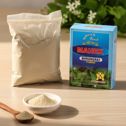 Wukusy natural Bhringraj powder in an 80g container, used for traditional hair care, with a close-up of the powder in a bowl.