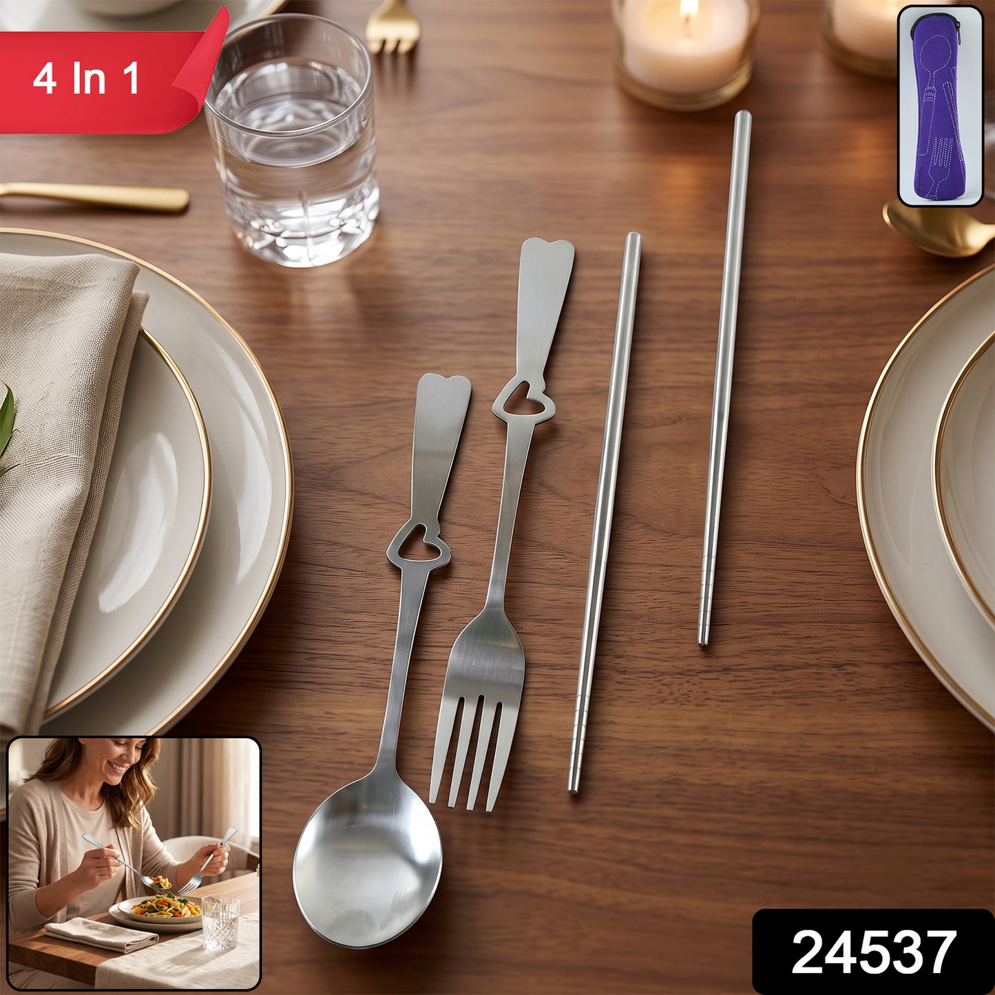 Wukusy portable stainless steel cutlery set with spoon, fork, chopsticks, and pouch, compact and travel-friendly for meals on the go.