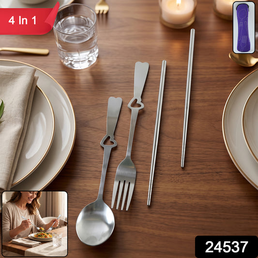 Wukusy portable stainless steel cutlery set with spoon, fork, chopsticks, and pouch, compact and travel-friendly for meals on the go.