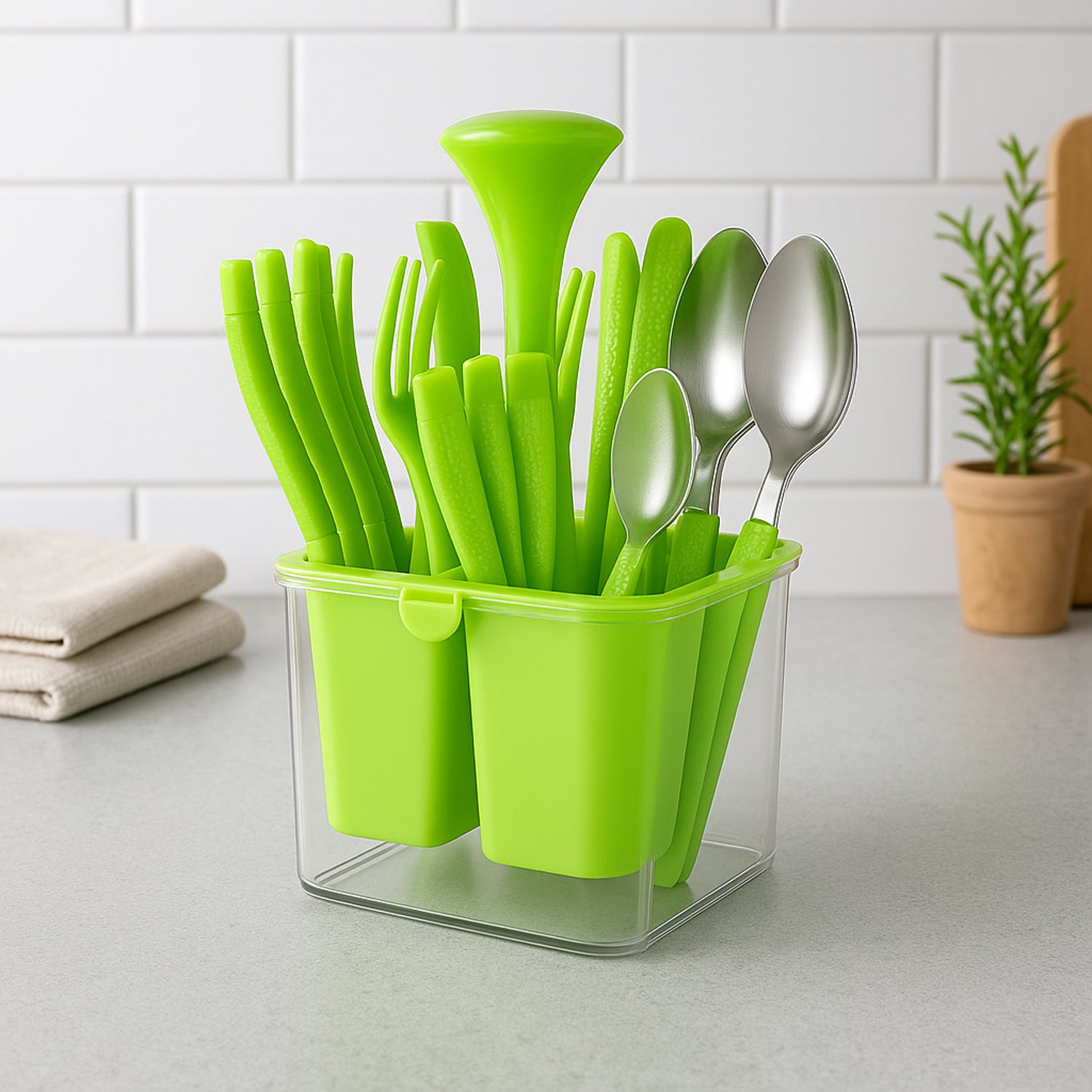 Wukusy Supermom premium fancy cutlery set with holder, 24-piece stainless steel flatware for home dining.