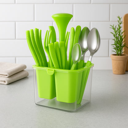 Wukusy Supermom premium fancy cutlery set with holder, 24-piece stainless steel flatware for home dining.