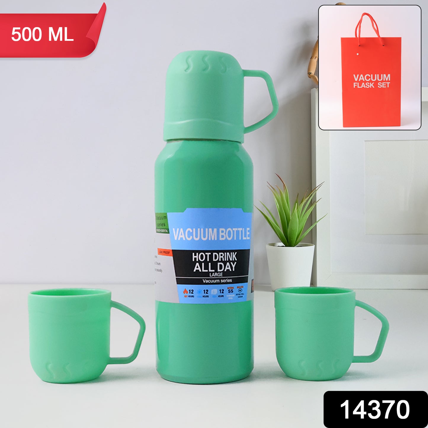 Green Wukusy stainless steel vacuum flask set with 3 cups, 500ml thermos for hot and cold beverages.