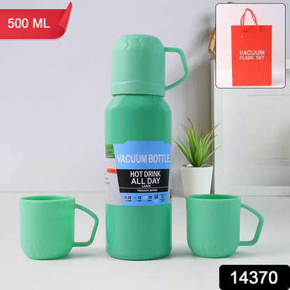 Green Wukusy stainless steel vacuum flask set with 3 cups, 500ml thermos for hot and cold beverages.