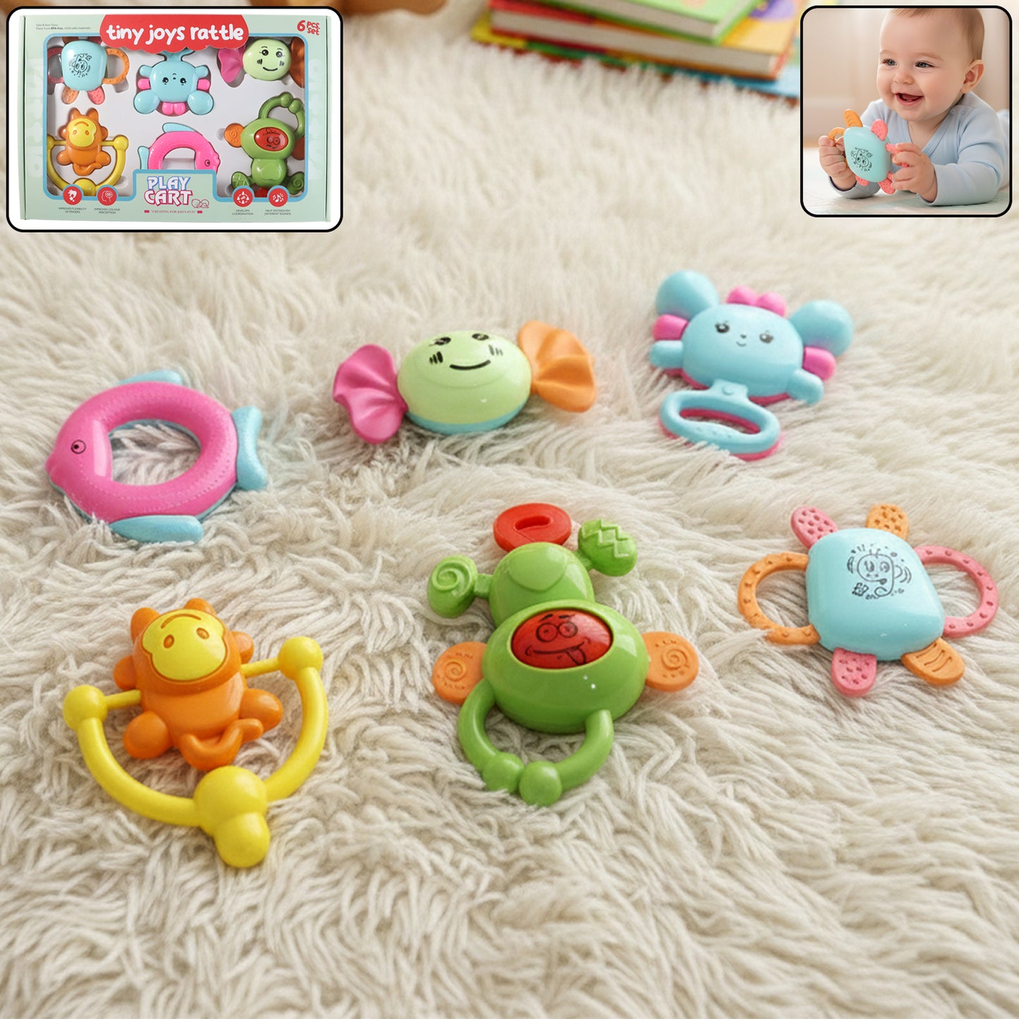 Wukusy Tiny Joys Play Cart 6-in-1 baby rattle toy set with colorful rattles and soft handles for infants.