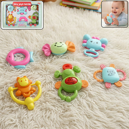 Wukusy Tiny Joys Play Cart 6-in-1 baby rattle toy set with colorful rattles and soft handles for infants.