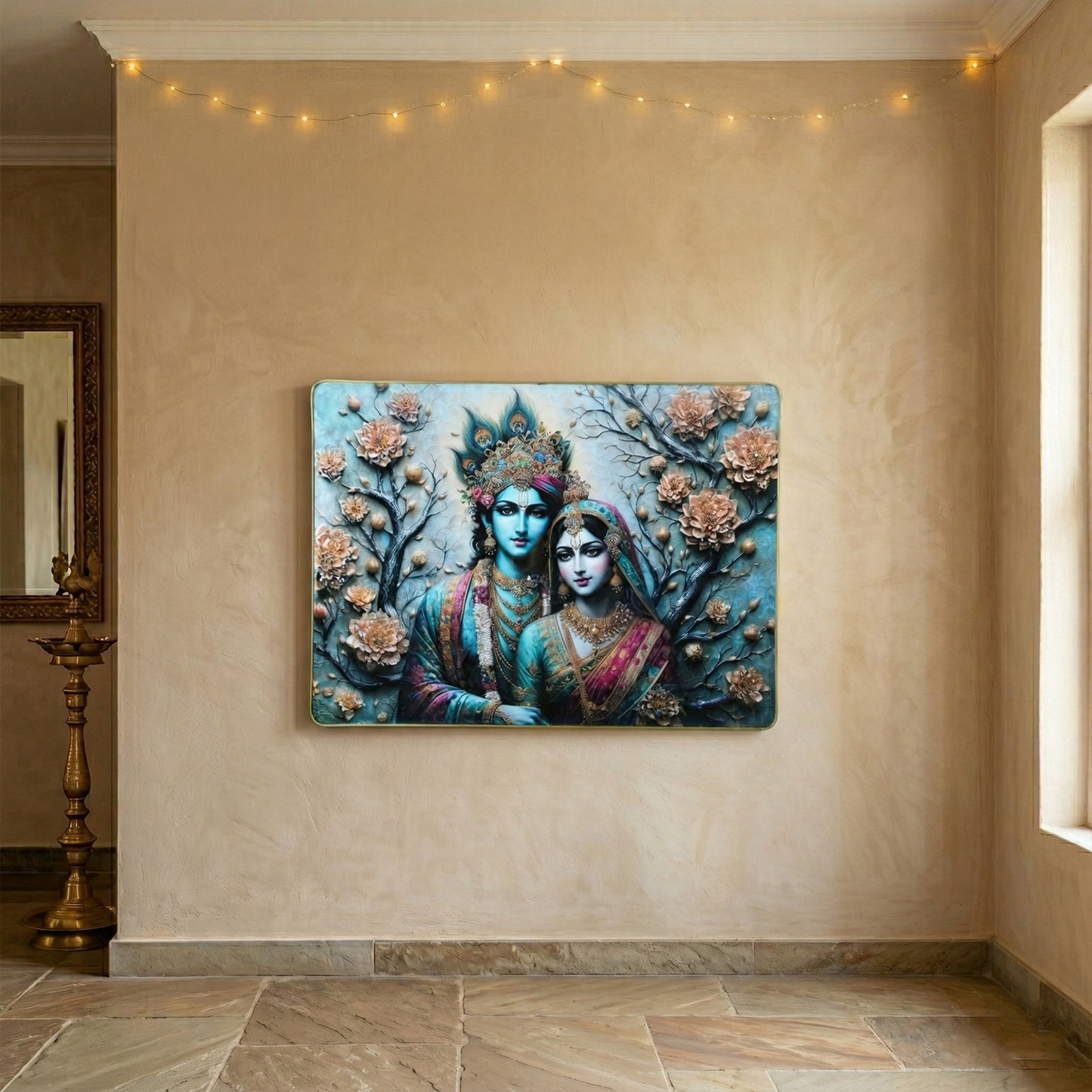 Decorative wall frame featuring Radha Krishna artwork, 60x45 cm, by Wukusy, ideal for spiritual home decor.
