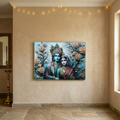 Decorative wall frame featuring Radha Krishna artwork, 60x45 cm, by Wukusy, ideal for spiritual home decor.