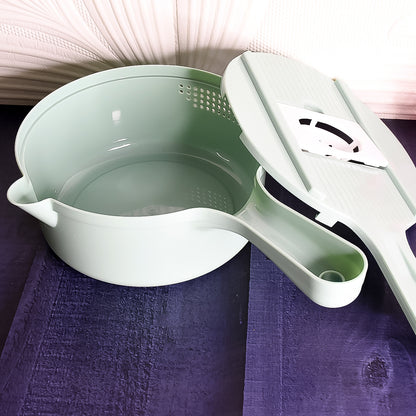 Wukusy 6-in-1 vegetable chopper with drain basket, featuring multiple blades for slicing, dicing, and chopping vegetables.