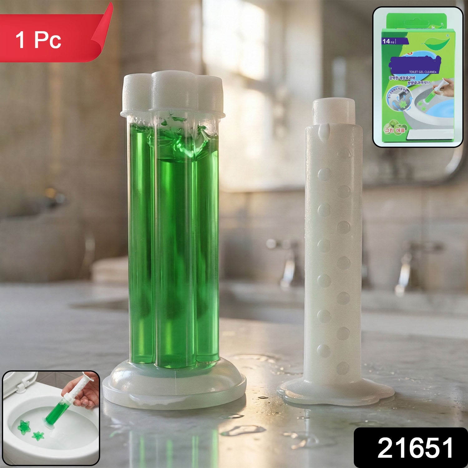 Wukusy automatic toilet cleaning gel dispenser on bathroom toilet with cleaning gel visible inside.