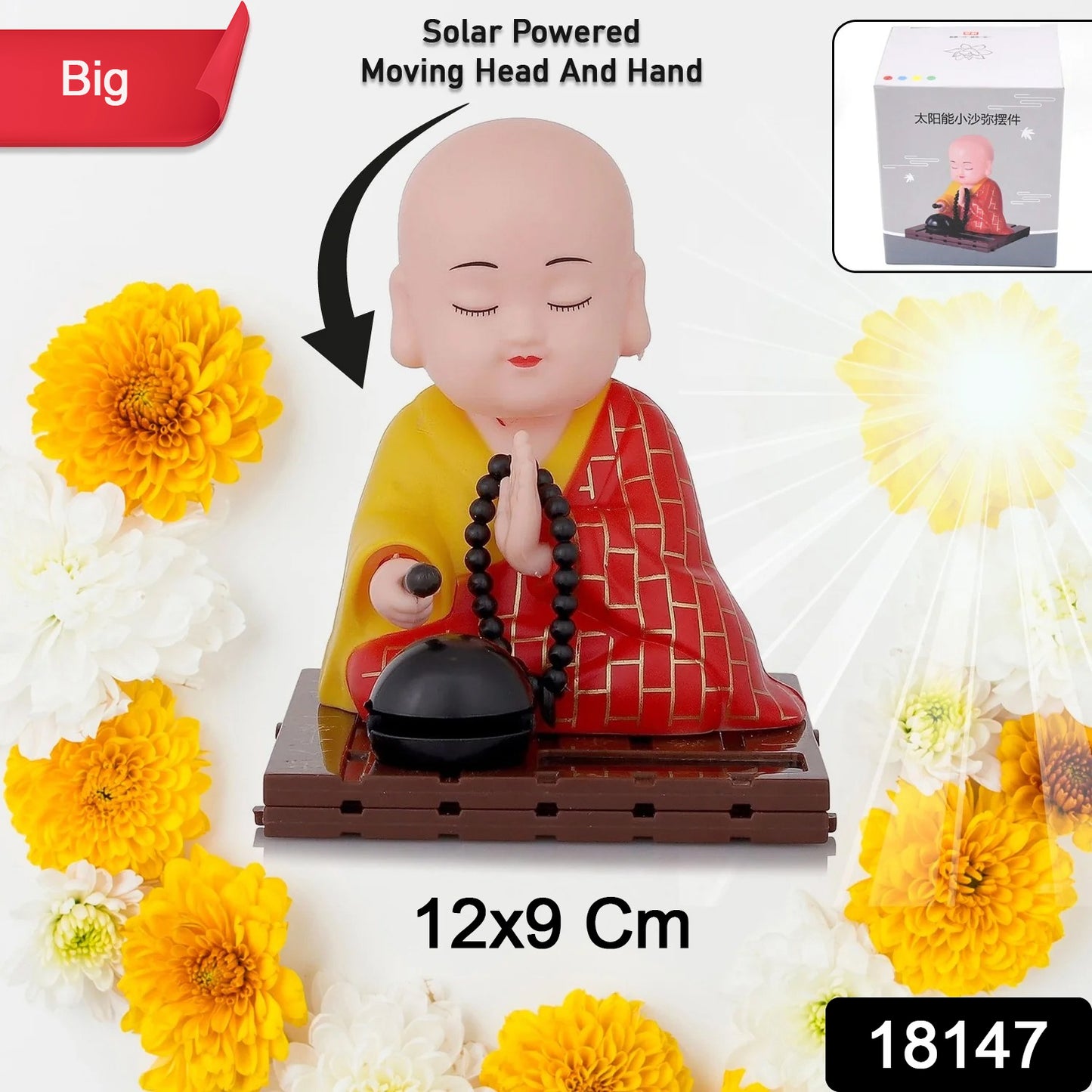 Solar powered sitting Buddha statue toy by Wukusy with moving head and hand, large size, ideal for decorative or spiritual display.