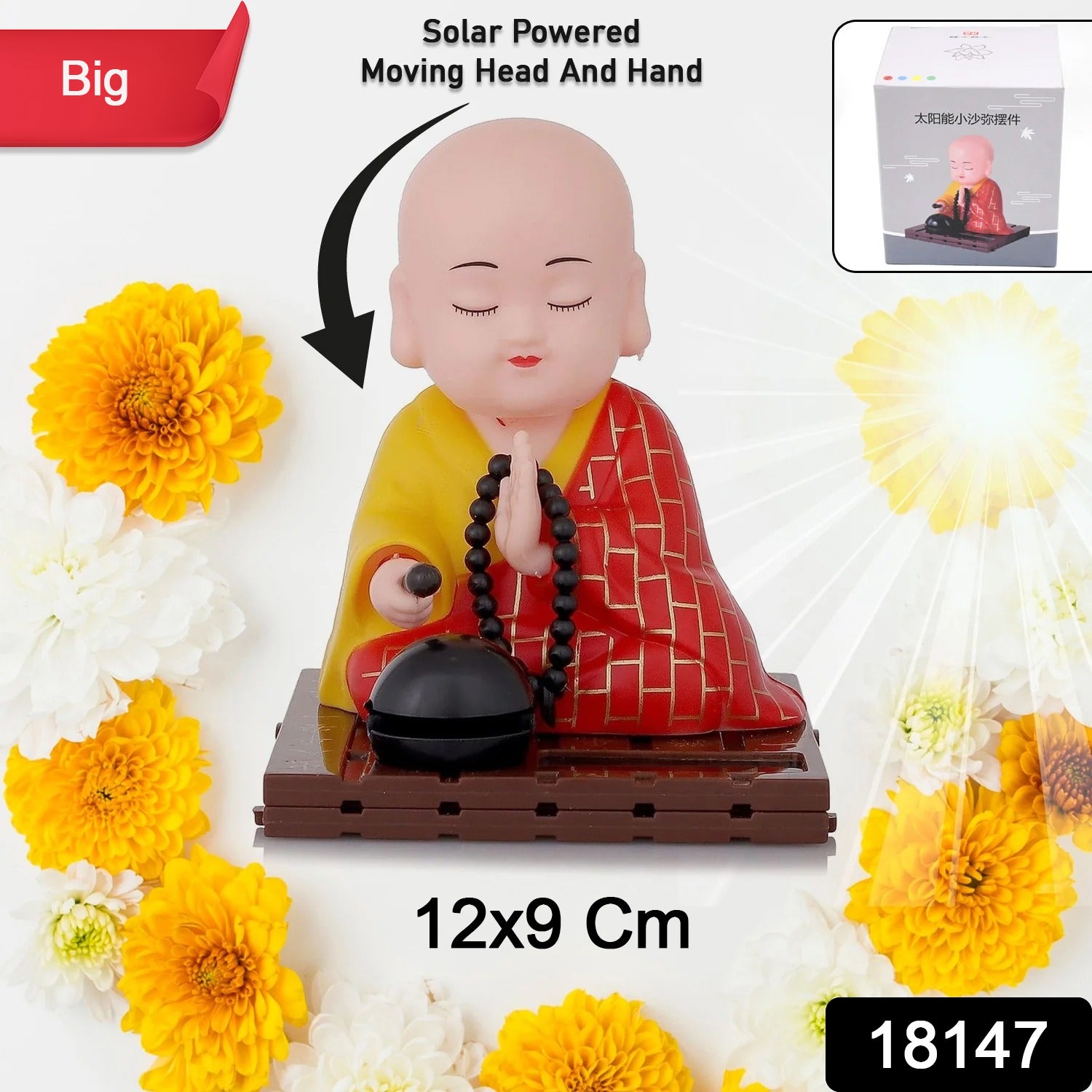 Solar powered sitting Buddha statue toy by Wukusy with moving head and hand, large size, ideal for decorative or spiritual display.