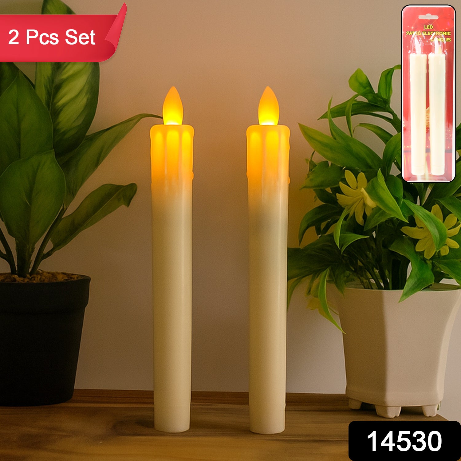 Set of 2 Wukusy flameless LED taper candles for home decor, with realistic flickering flames and elegant white candle design.