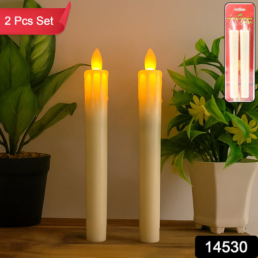 Set of 2 Wukusy flameless LED taper candles for home decor, with realistic flickering flames and elegant white candle design.